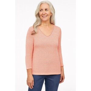 Talbots Womens Sweater S Petite Pink White Stripe V Neck Casual Pullover Linen